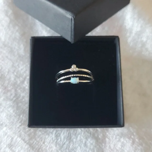 Minimalist Sterling Silver 925 Opal CZ Stacking Ring Set Sz 7 Or 8 - Picture 2 of 5